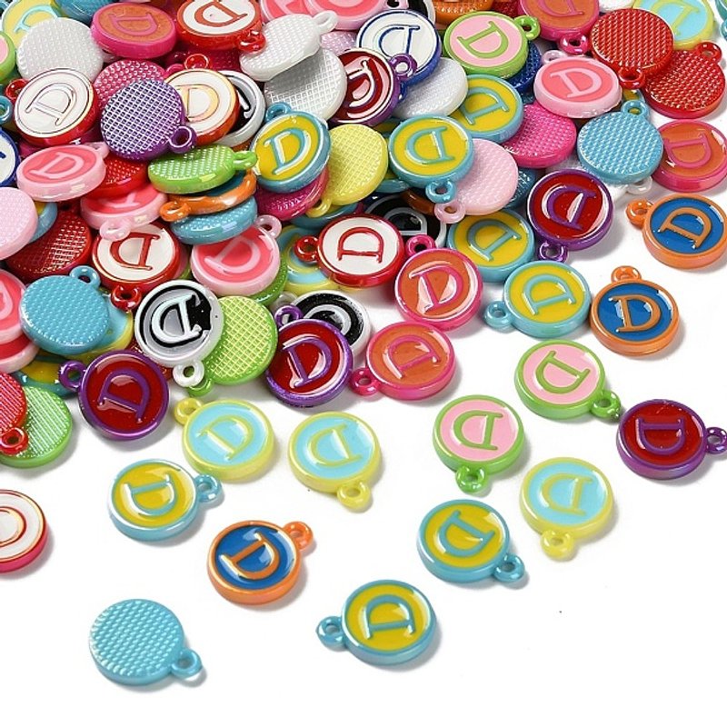 Perles en Émail Acrylique Opaque, Ronde Plate avec Lettre D, Couleurs Mixtes — Breloques et pendentifs