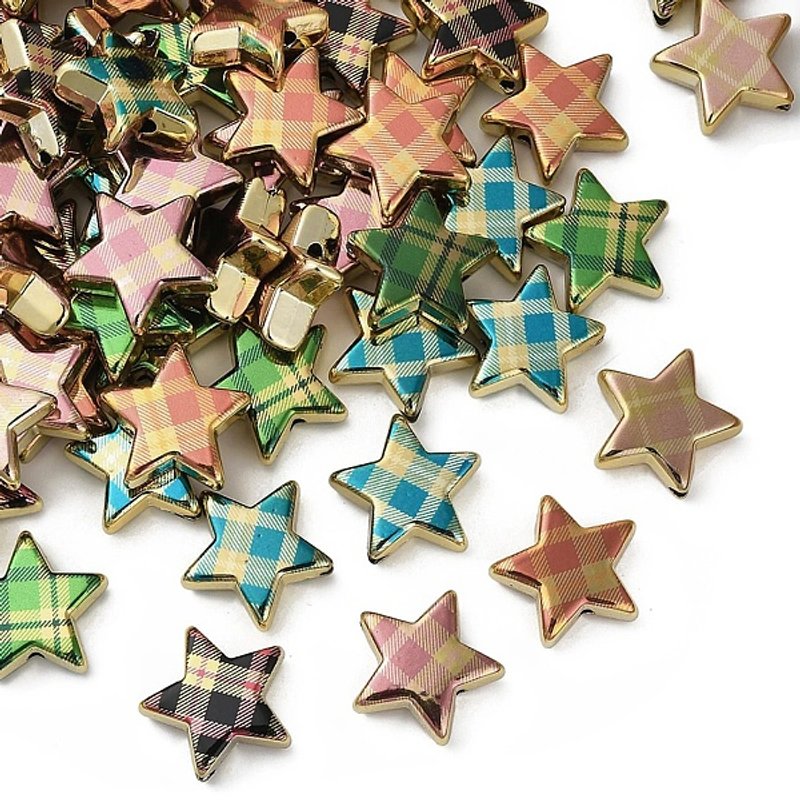 UV Plating Printed Opaque Acrylic Star Beads with Plaid, Mixed Color — Jewelry Beads