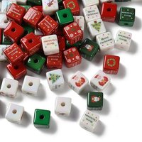 Perles Acryliques Opaques Imprimées de Noël, Cubes, 14mm, Trou 3.5mm — Perles à bijoux