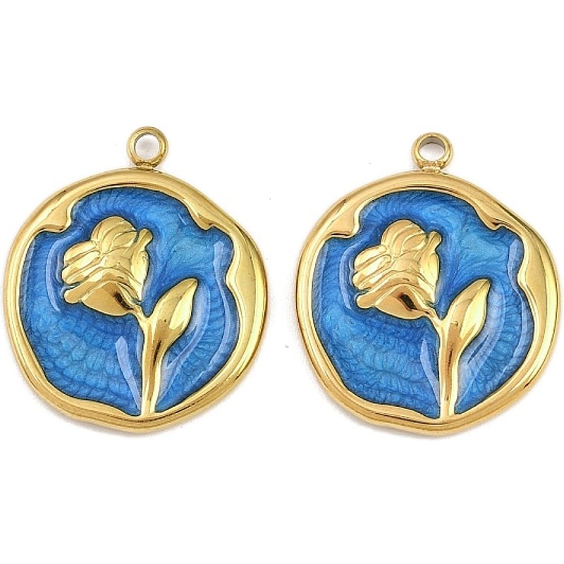 Pendentif en Acier Inoxydable 304 avec Émail, Fleur, Doré et Bleu — Breloques et pendentifs