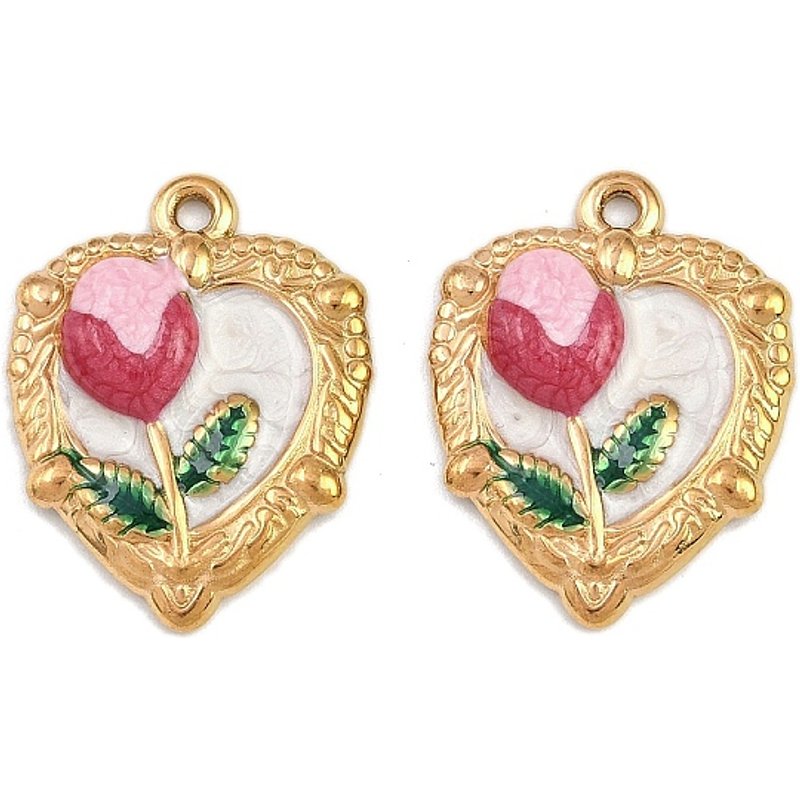 Pendentif en Acier Inoxydable 304 avec Émail, Fleur en Or et Rouge — Breloques et pendentifs