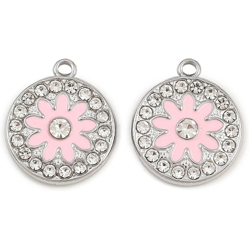 Pendants en Acier Inoxydable 304 avec Émail et Strass - Rond & Fleur — Breloques et pendentifs