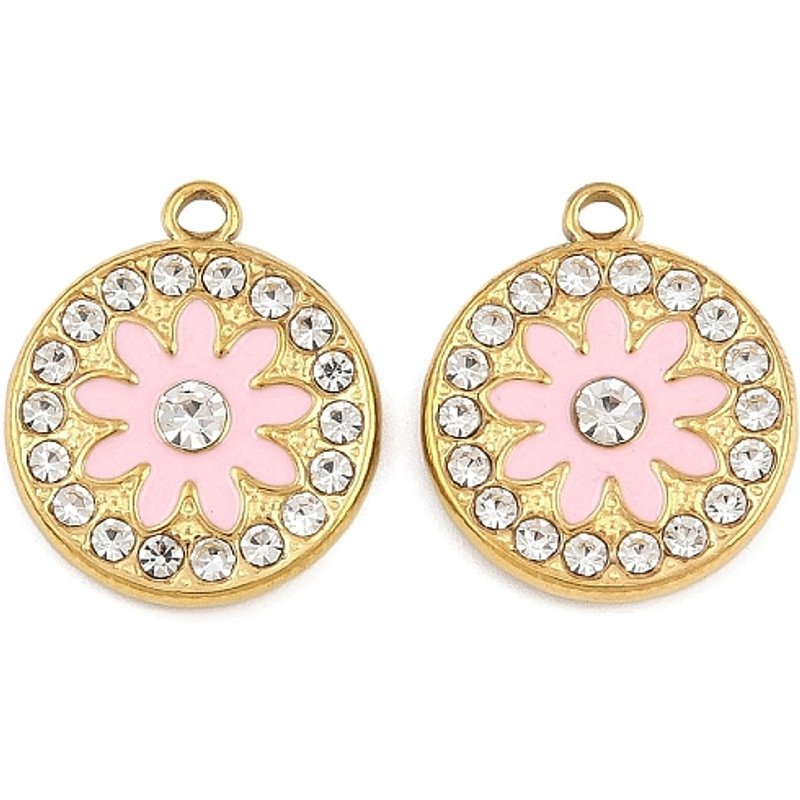 Pendants en acier inoxydable 304 avec émail et strass, rond & fleur — Breloques et pendentifs