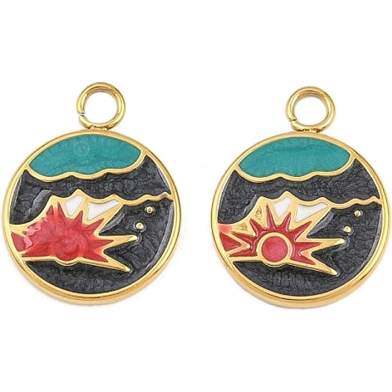 Pendants en Acier Inoxydable 304 avec Émail, Rond Plat & Soleil, Noir — Breloques et pendentifs