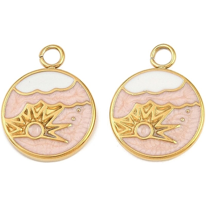 Pendants en Acier Inoxydable 304 avec Émail, Rond Plat & Soleil, Rose — Breloques et pendentifs