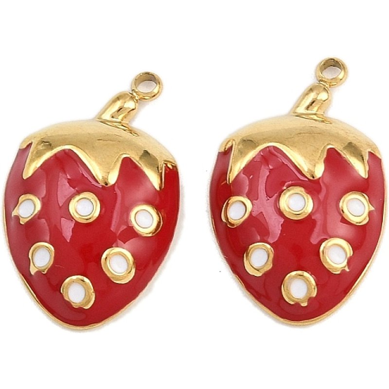 Pendentif en Émail Fraise Dorée en Acier Inoxydable 304 — Breloques et pendentifs