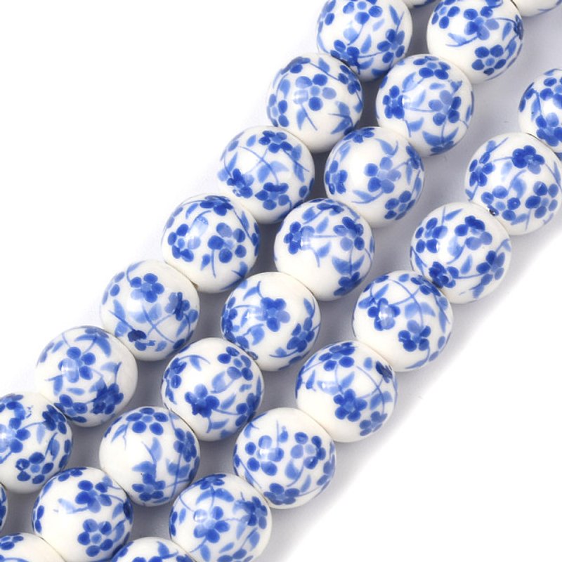 Handmade Flower Printed Porcelain Ceramic Beads Strands, Blue, 8mm — Jewelry Beads