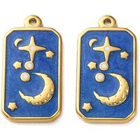304 Stainless Steel Rectangle Pendant with Moon Charm, Golden Blue