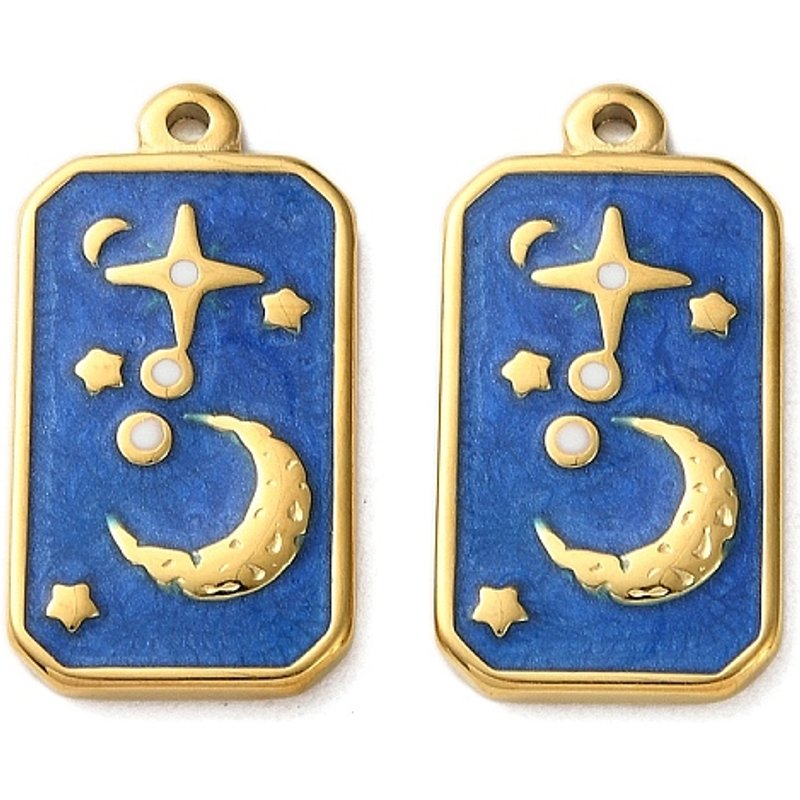 Pendentif Rectangulaire en Acier Inoxydable 304 avec Charme Lune, Bleu Doré — Breloques et pendentifs