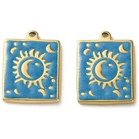 304 Stainless Steel Rectangle Moon Charms Pendant, Golden Blue