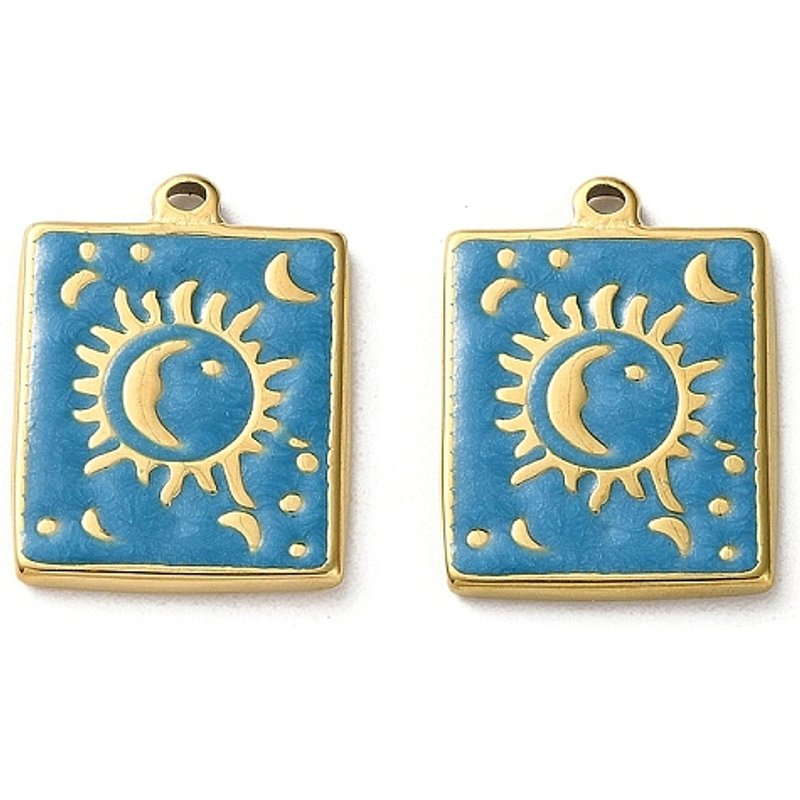 Pendentif en Acier Inoxydable 304, Charms Rectangulaires avec Lune, Doré Bleu — Breloques et pendentifs