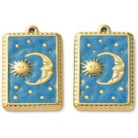 304 Stainless Steel Rectangle Moon Charms Pendant, Golden Blue