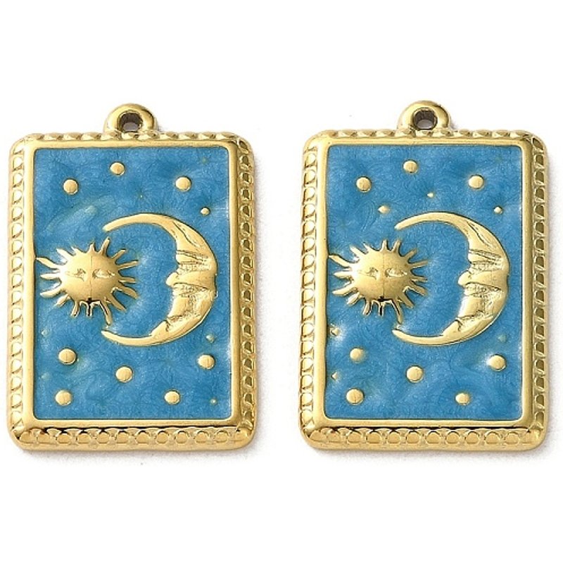 304 Stainless Steel Rectangle Moon Charms Pendant, Golden Blue — Charms & Pendants