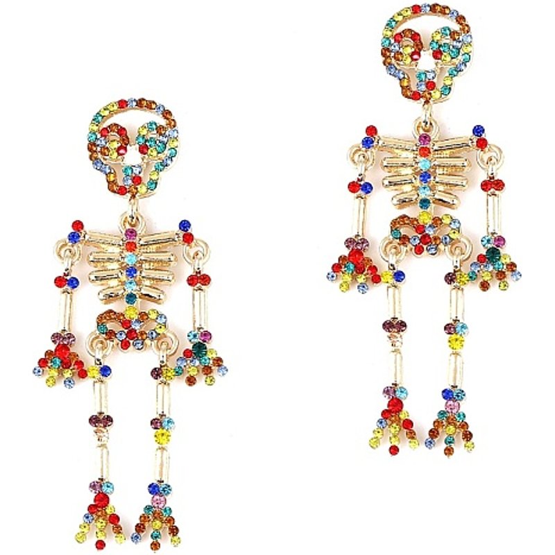 Alloy Skeleton Dangle Stud Earrings with Rhinestone, Golden — Costume Jewelry