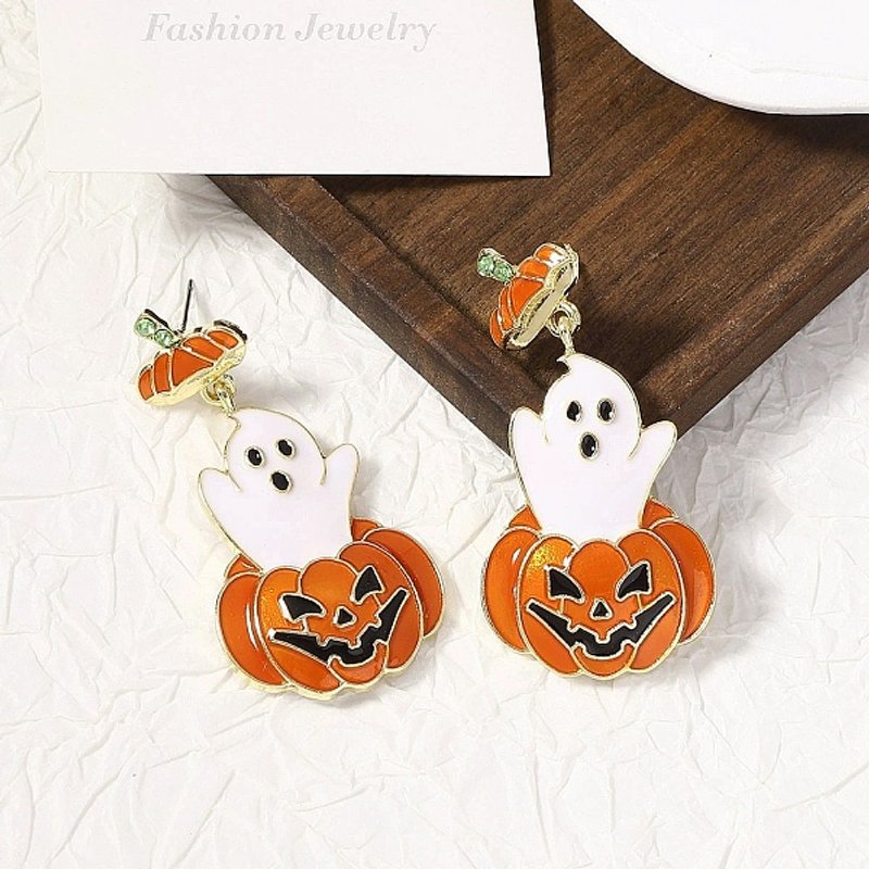 Ghost with Pumpkin Alloy Dangle Stud Earrings, Golden — Stud Earrings