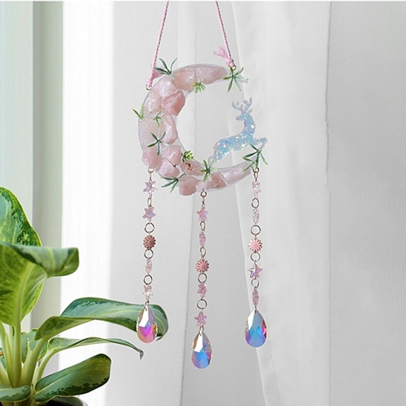 Natural Rose Quartz Chips Moon Pendant with Glass Teardrop Tassel