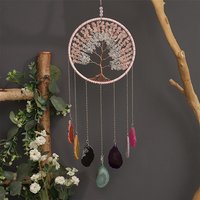 Pendentif Arbre de Vie en Quartz Rose Enveloppé de Fil de Laiton