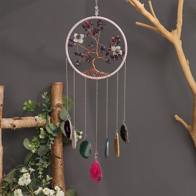 Brass Wire Wrapped Amethyst Chips Tree of Life Pendant Decoration