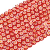 Handmade Millefiori Glass Flat Round Bead Strands, Red Flower Design — Jewelry Beads