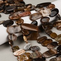 Fils de Perles en Bois Pétrifié Naturel, Ovales Plates, 28pcs/fils