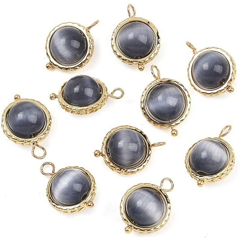 Rotatable Cat Eye Round Pendants with Brass Findings, Gray — Charms & Pendants