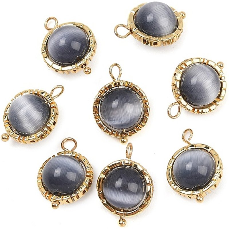 Pendants ronds en œil de chat rotatifs avec attaches en laiton, gris — Breloques et pendentifs