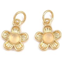 Natural White Jade Flower Charms with Brass Settings and Gold Plating