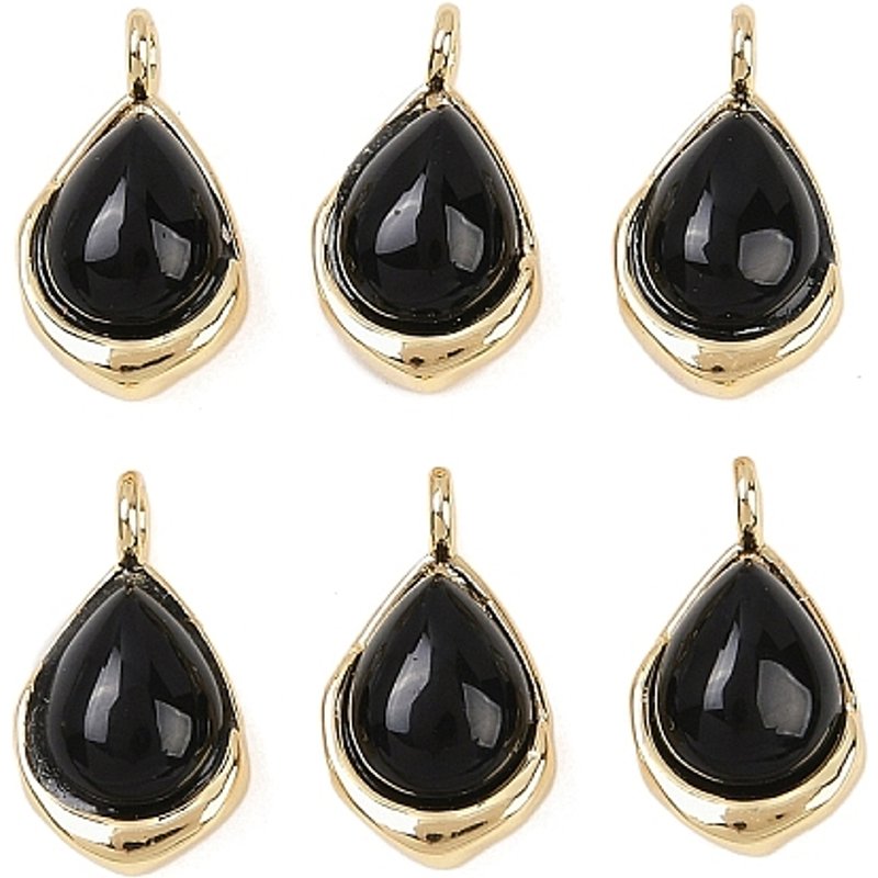 Natural Black Onyx Teardrop Charms with Brass Settings — Charms & Pendants