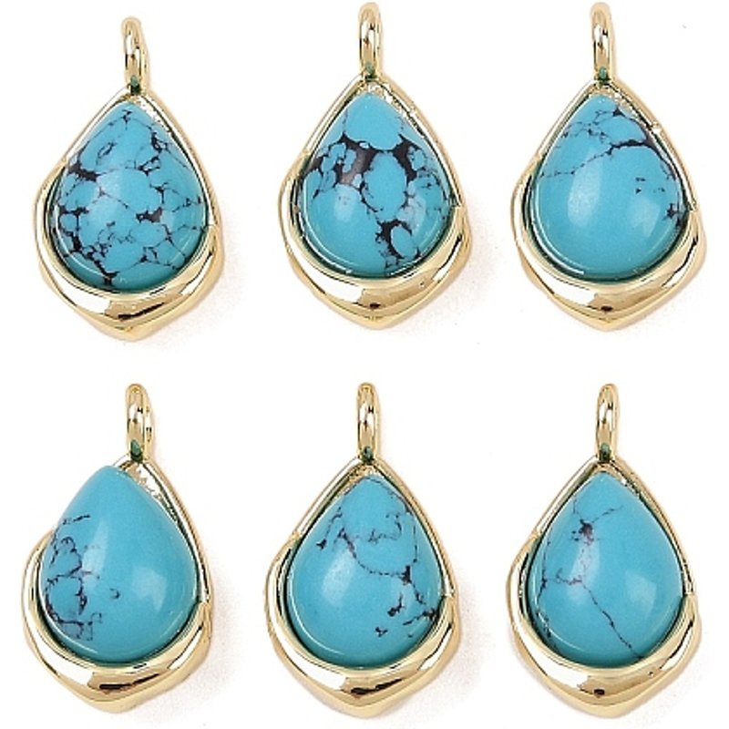 Synthetic Turquoise Teardrop Charms with Brass Settings, 18K Gold Plated — Charms & Pendants