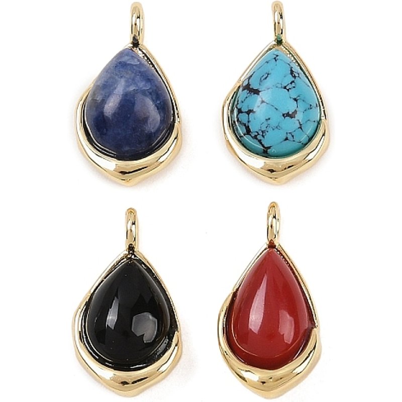 Mixed Gemstone Teardrop Charms with Brass Settings, 18K Gold Plated — Charms & Pendants