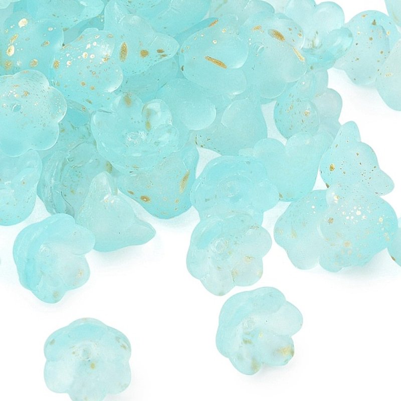 Capuchon de Perle en Verre Givré, Fleur à 6 Pétales, Cyan avec Poudre Dorée — Perles à bijoux