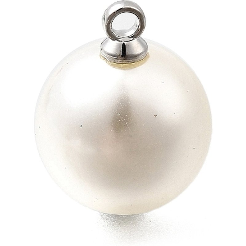 ABS Plastic Pearl Pendants, Round with Platinum Alloy Loop, Floral White — Charms & Pendants