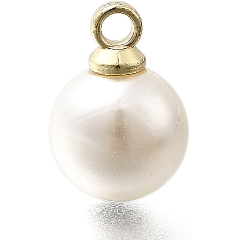 ABS Plastic Pearl Pendants, Round with Light Gold Loop, Floral White — Charms & Pendants