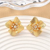Brass Micro Pave Clear Cubic Zirconia Flower Stud Earrings — Costume Jewelry