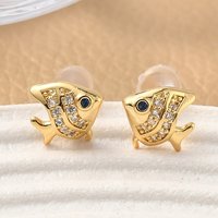 Brass Micro Pave Cubic Zirconia Fish Stud Earrings, 18K Gold Plated — Costume Jewelry