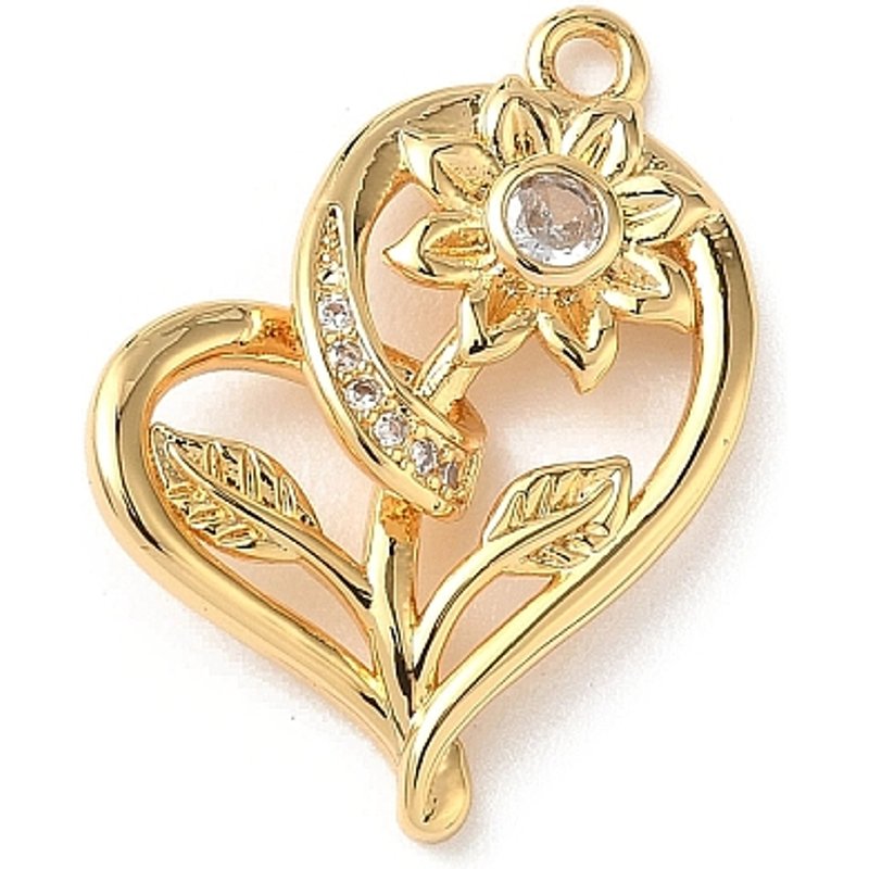 Pendentif en laiton micro pave, cœur avec charme fleur, plaqué or 18K — Breloques et pendentifs