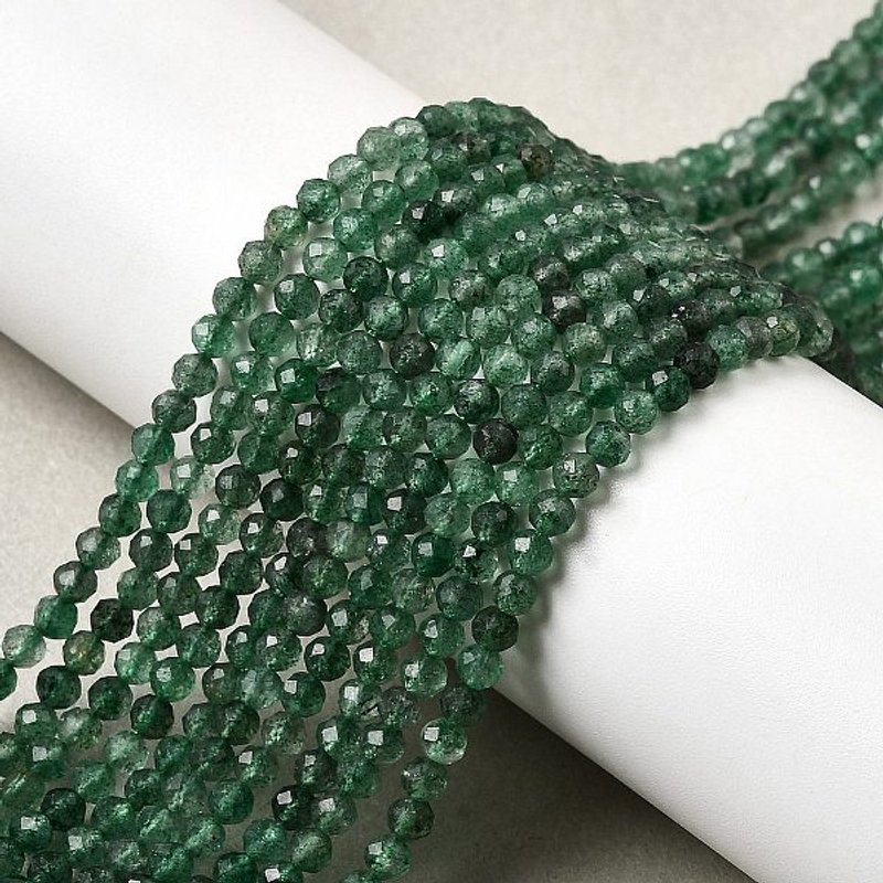 Brins de perles de quartz vert fraise naturel, ronds facettés 3mm — Perles à bijoux