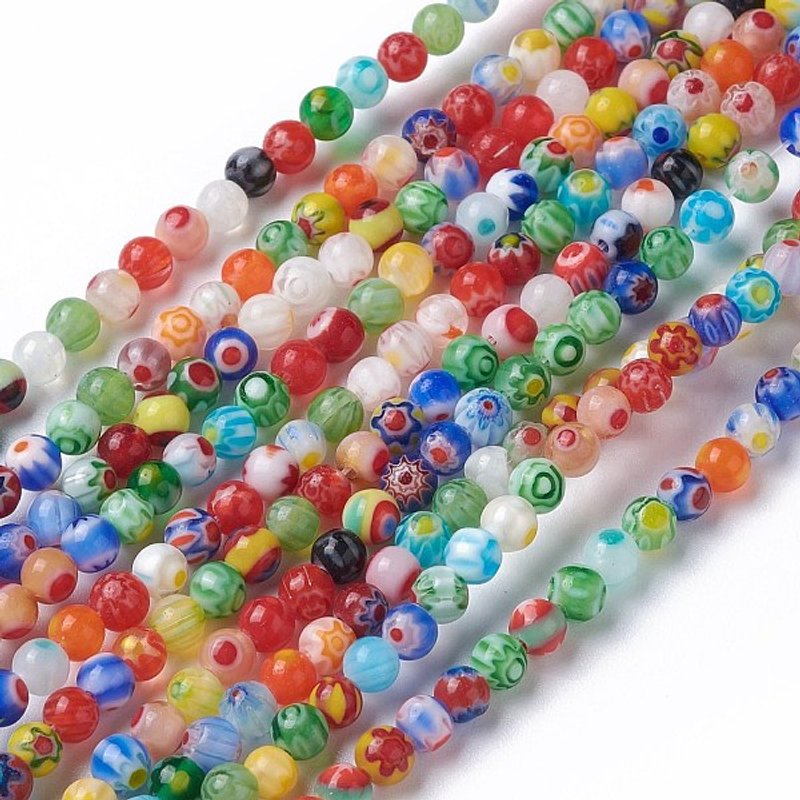 Brins de perles rondes en verre Millefiori faits main, couleurs variées, 4mm — Perles à bijoux