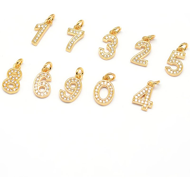 Charms en laiton plaqué or 18K avec zircon cubique micro pavé, numéros 0-9 — Breloques et pendentifs