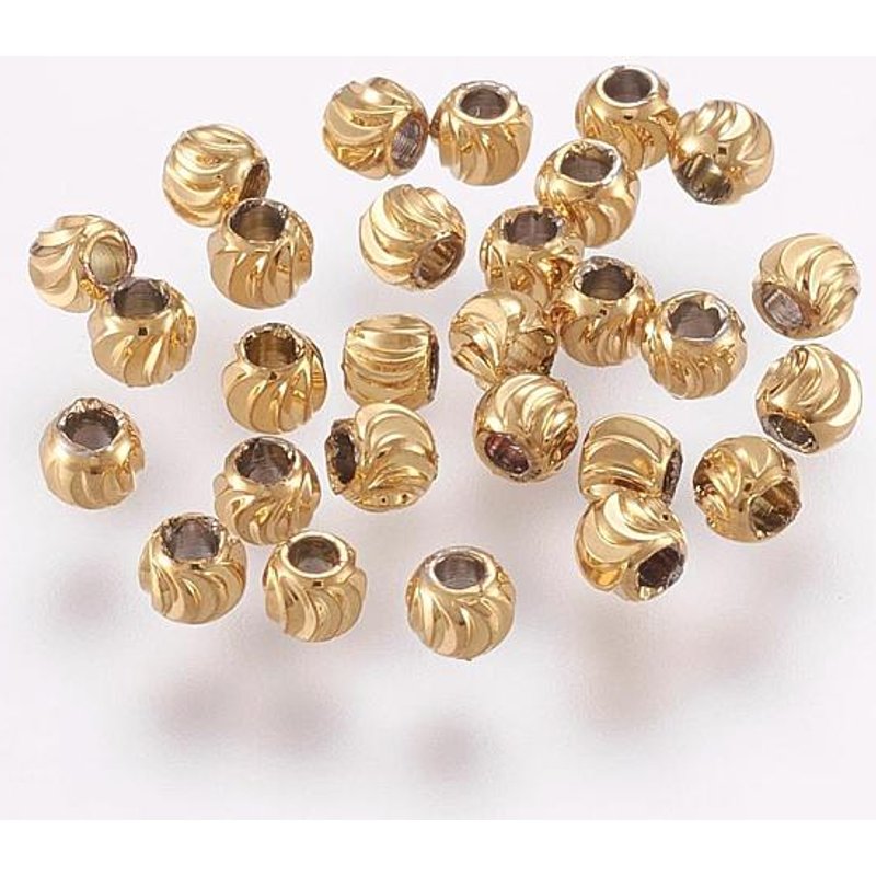 Perles Intercalaires en Laiton, Ronde Corruguée, Plaquées Or 18K, 3x2mm — Perles à bijoux