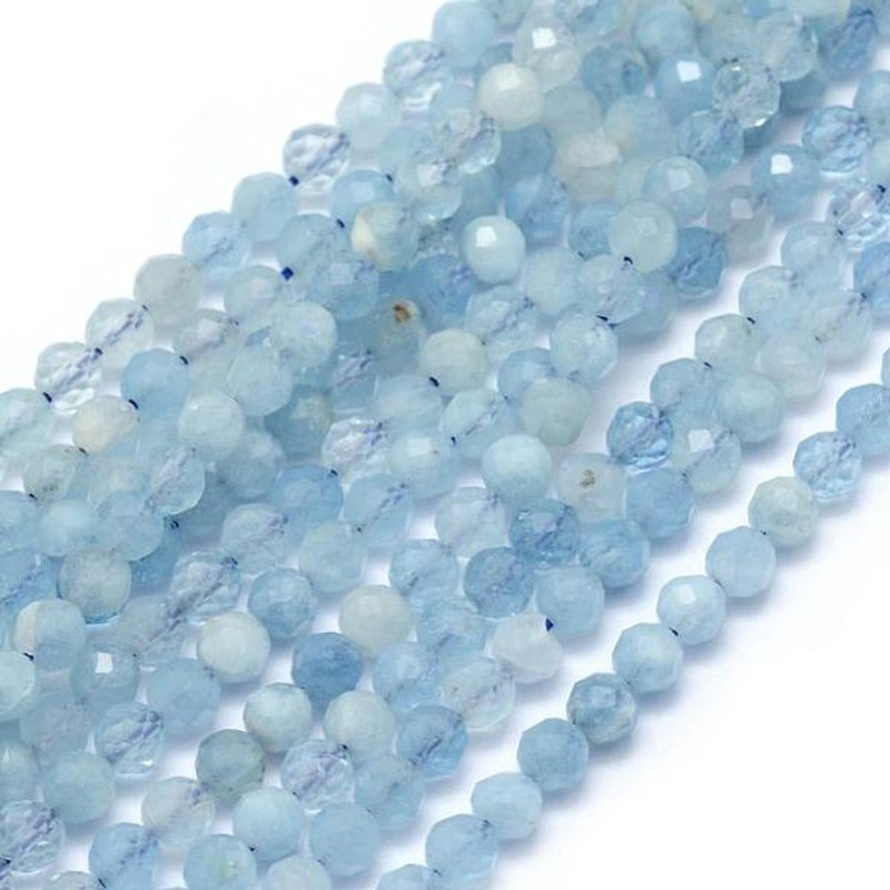 Fils de perles d'aigue-marine naturelles, rondes, facettées, 3mm, 113pcs — Perles à bijoux