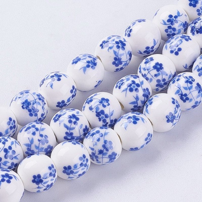 Handmade Blue Flower Printed Porcelain Ceramic Beads Strands — Jewelry Beads