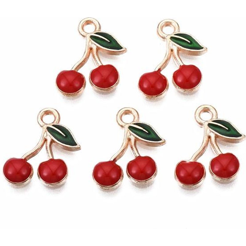 Alloy Enamel Cherry Charm in Light Gold and Red — Charms & Pendants