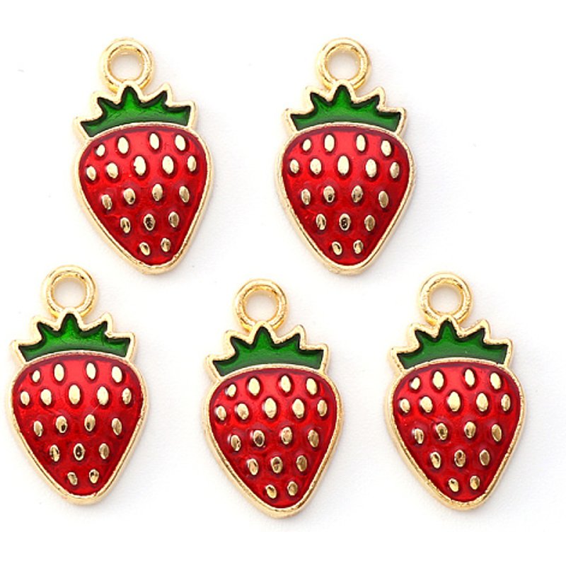 Light Gold Plated Strawberry Enamel Pendant, Red, 16.8x10mm — Charms & Pendants