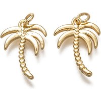 Brass Palm Tree Pendants with Jump Rings, 18K Gold Plated