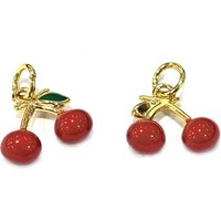 Brass Enamel Cherry Charms, 18K Gold Plated, Red