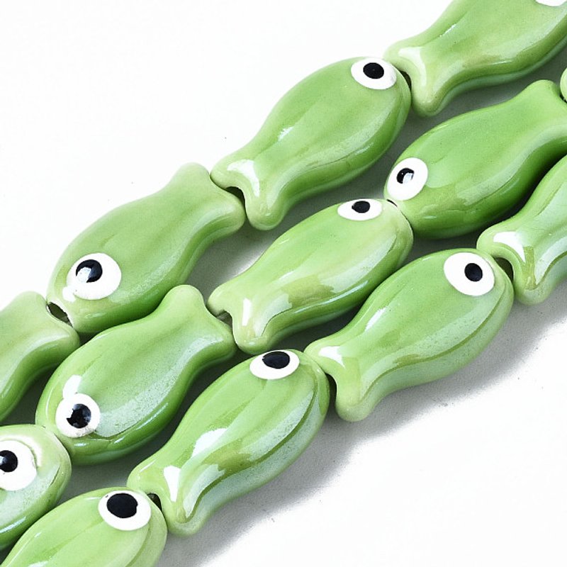 Handmade Porcelain Ceramic Beads Strands, Light Green Fish — Jewelry Beads