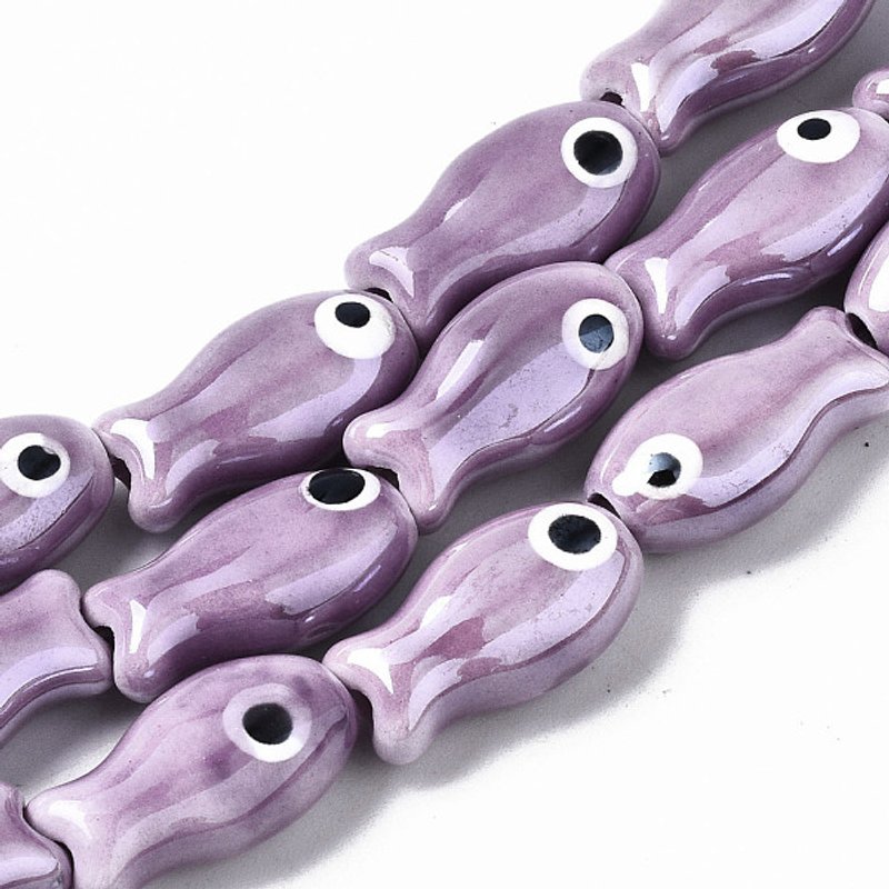 Handmade Porcelain Ceramic Beads Strands, Fish, Medium Orchid — Jewelry Beads