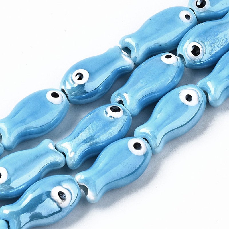 Handmade Porcelain Ceramic Beads Strands, Fish, Dodger Blue — Jewelry Beads