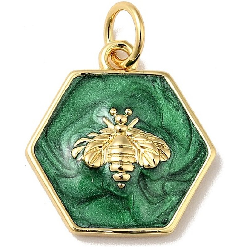Rack Plating Hexagon Bee Pendant with Jump Ring, Sea Green